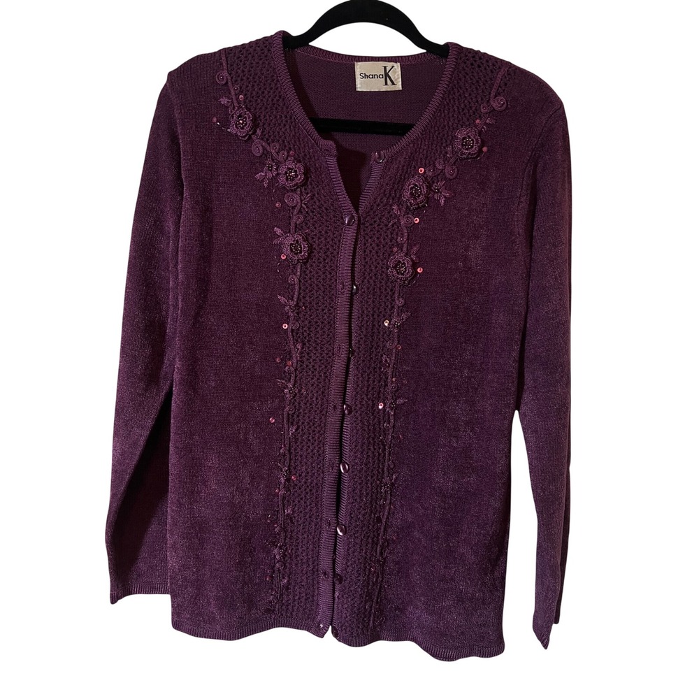 Shana K Vtg Cardigan Sweater Size S Grannycore Floral Embroidered Plum Purple